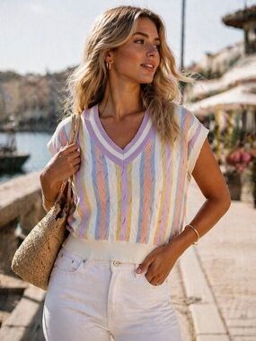 Pastel Striped V Neck Short Sleeve Sweater |  Lightweight Knit | Size L